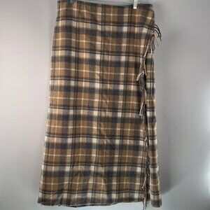 Escada Sport Camel Wool Fringe Wrap Plaid Maxi Skirt Blanket Lined Size 44 US14